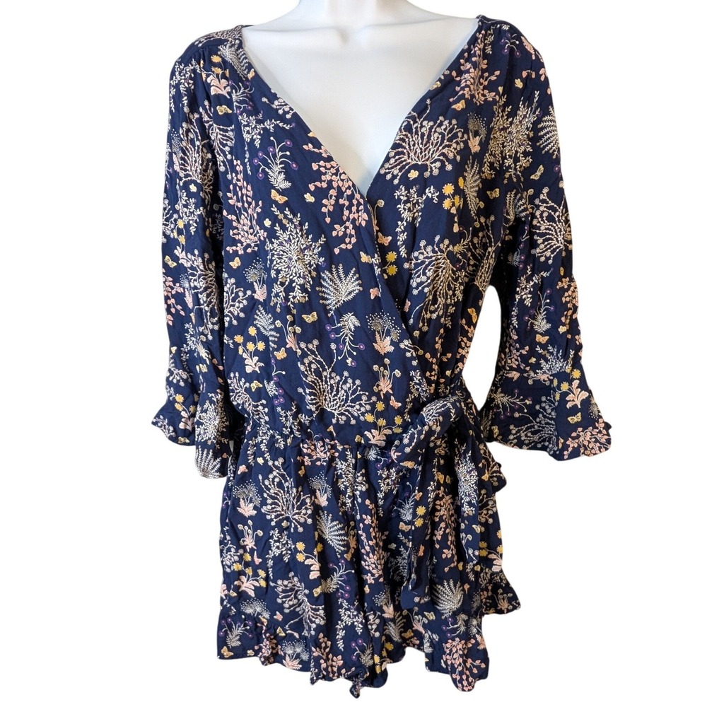 Navy Floral Butterfly Wrap Romper Ruffle Sleeve V-Neck Tie Waist Button Back Med